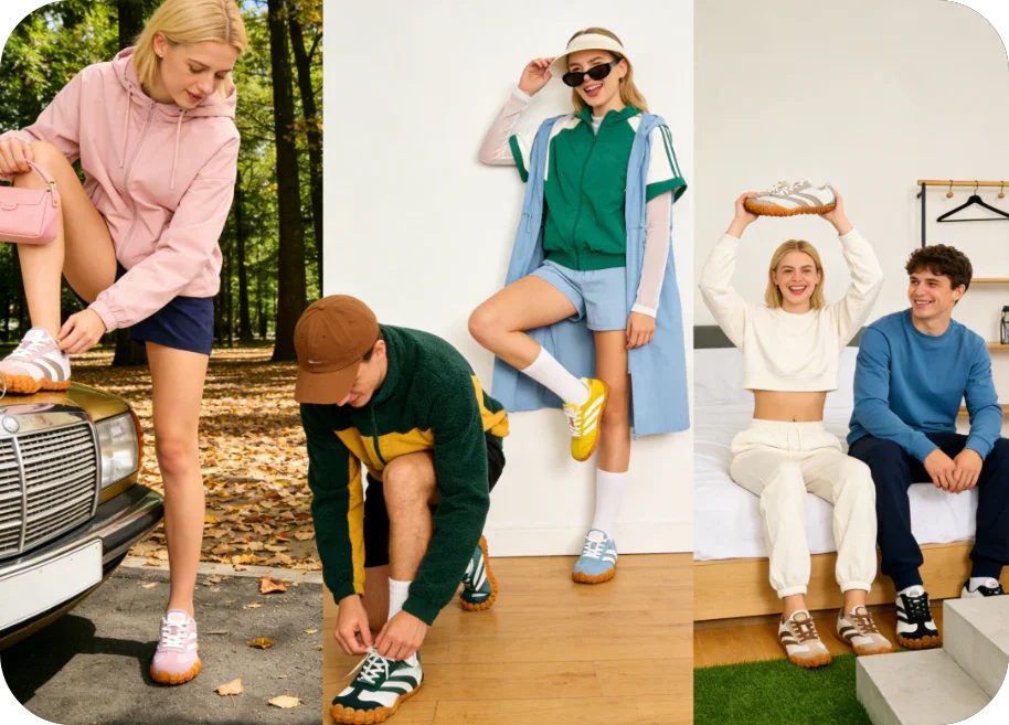 Young adults wearing colorful Barezoey zero-drop barefoot sneakers outdoors and indoors, showcasing casual sporty style